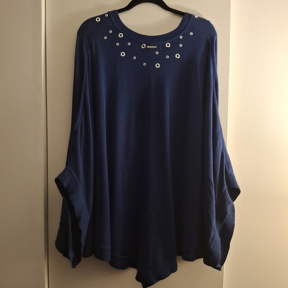 Michael Kors Dark Blue Knit Women's Poncho Sweater With Silver Grommets - Picture 3 of 8